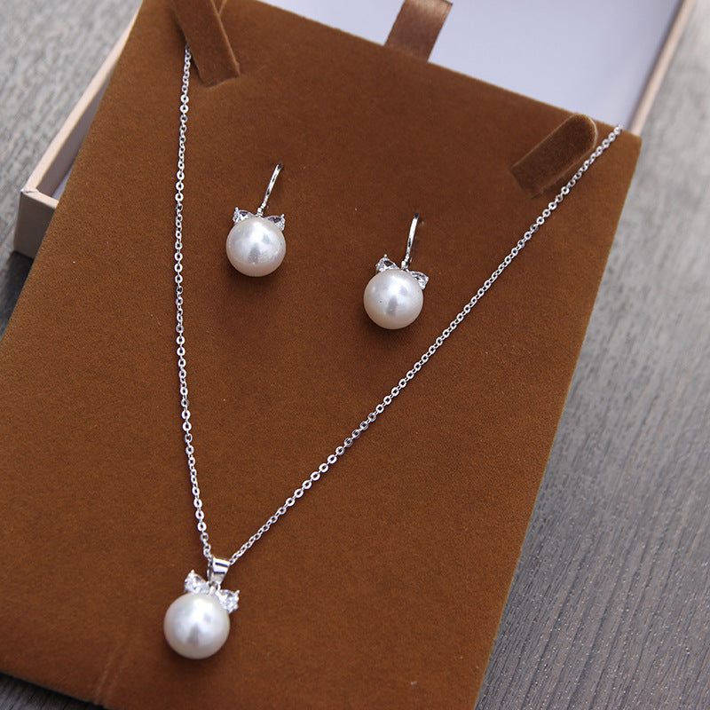 Conjunto de Joias para Noiva: Colar e Brincos Simples de Pérola & Zircônia