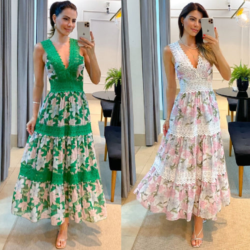2023 Women's Sleeveless V-Neck Lace Maxi Dress