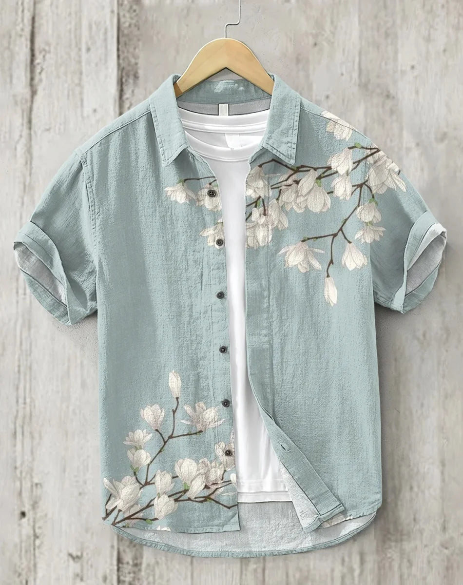 Linho masculino casual versátil moda rua masculina 3d impresso camisa lapela single-breasted manga curta moda masculina manga curta