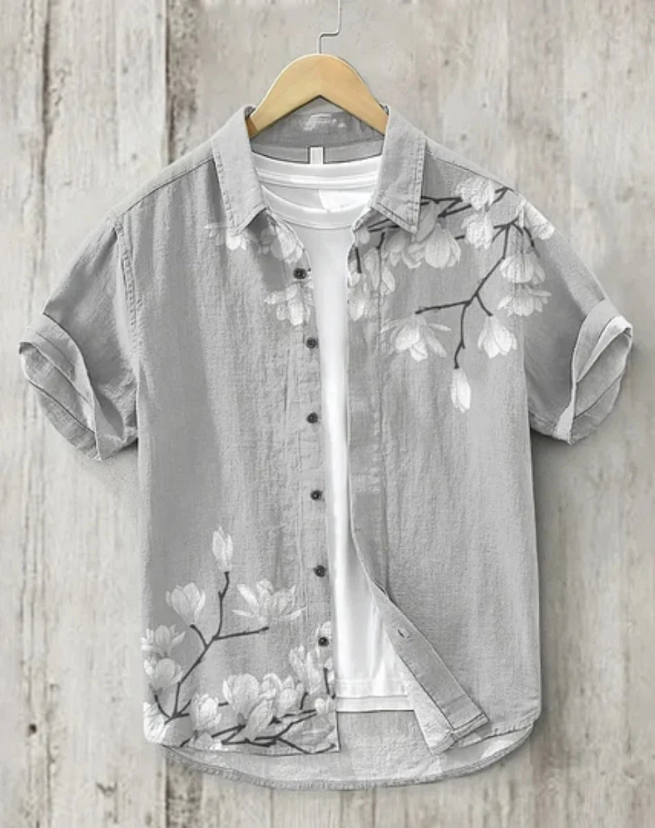 Linho masculino casual versátil moda rua masculina 3d impresso camisa lapela single-breasted manga curta moda masculina manga curta