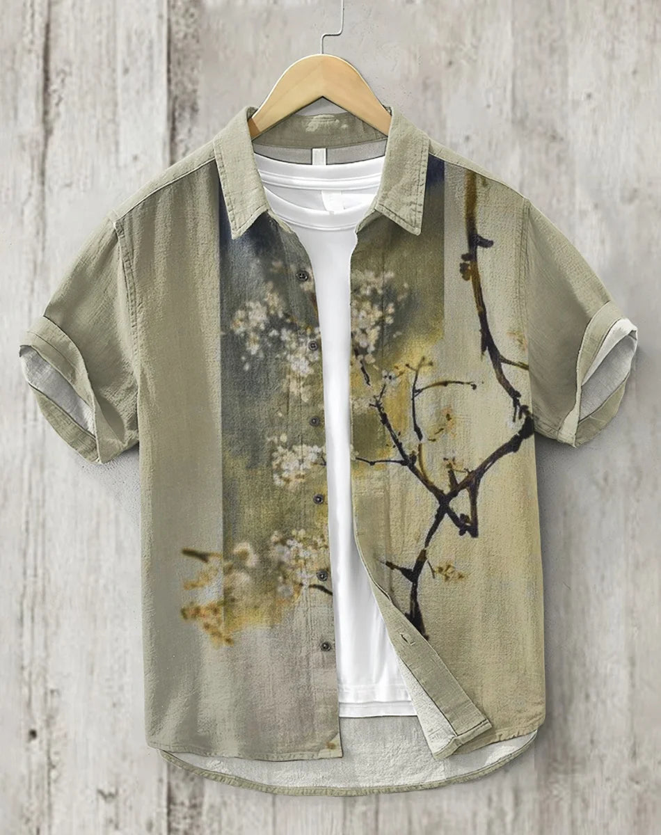 Linho masculino casual versátil moda rua masculina 3d impresso camisa lapela single-breasted manga curta moda masculina manga curta