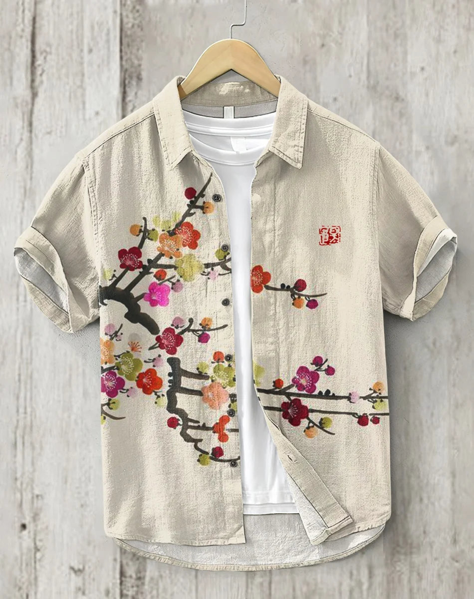 Linho masculino casual versátil moda rua masculina 3d impresso camisa lapela single-breasted manga curta moda masculina manga curta