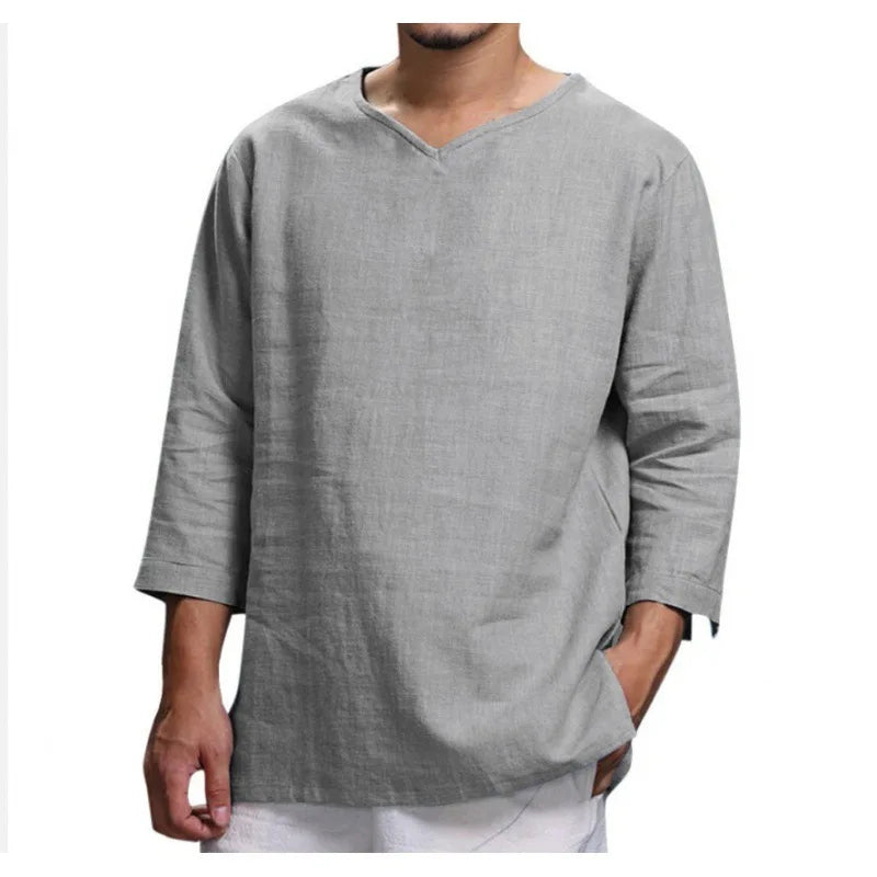 Camisa de linho respirável masculina, confortável, cor sólida, manga comprida, solta, Harajuku, blusa casual, camisa havaiana, breve, 2022