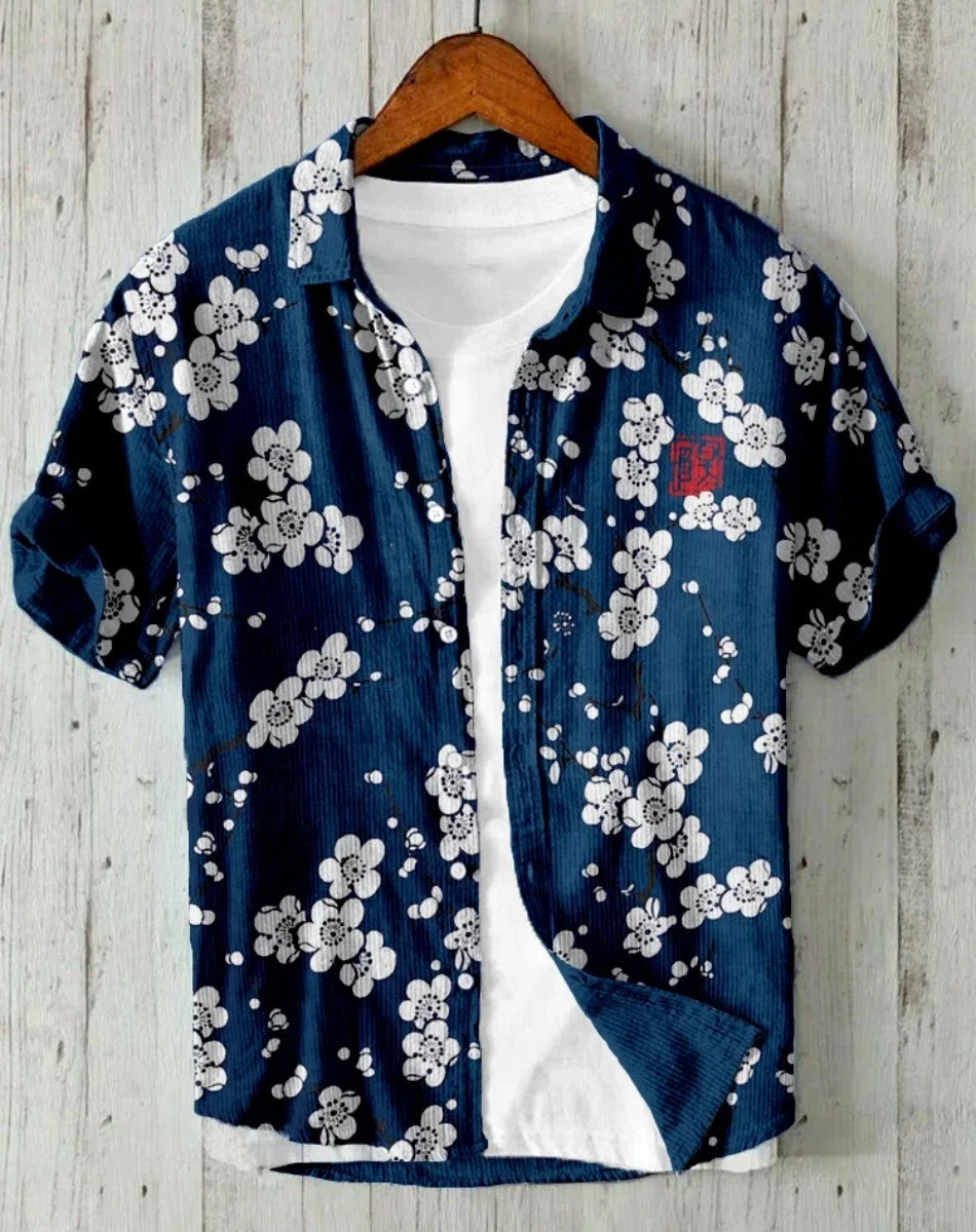 Linho masculino casual versátil moda rua masculina 3d impresso camisa lapela single-breasted manga curta moda masculina manga curta