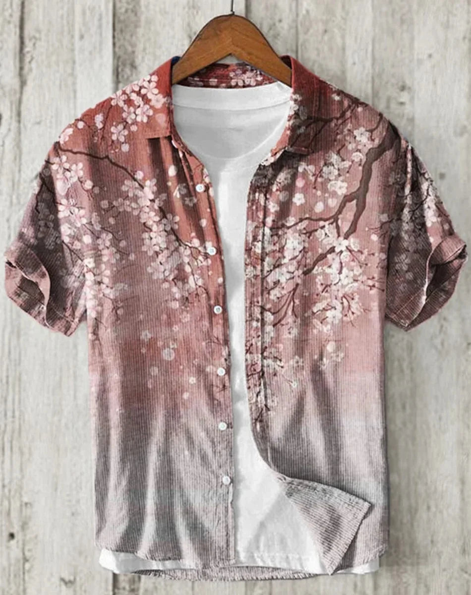 Linho masculino casual versátil moda rua masculina 3d impresso camisa lapela single-breasted manga curta moda masculina manga curta