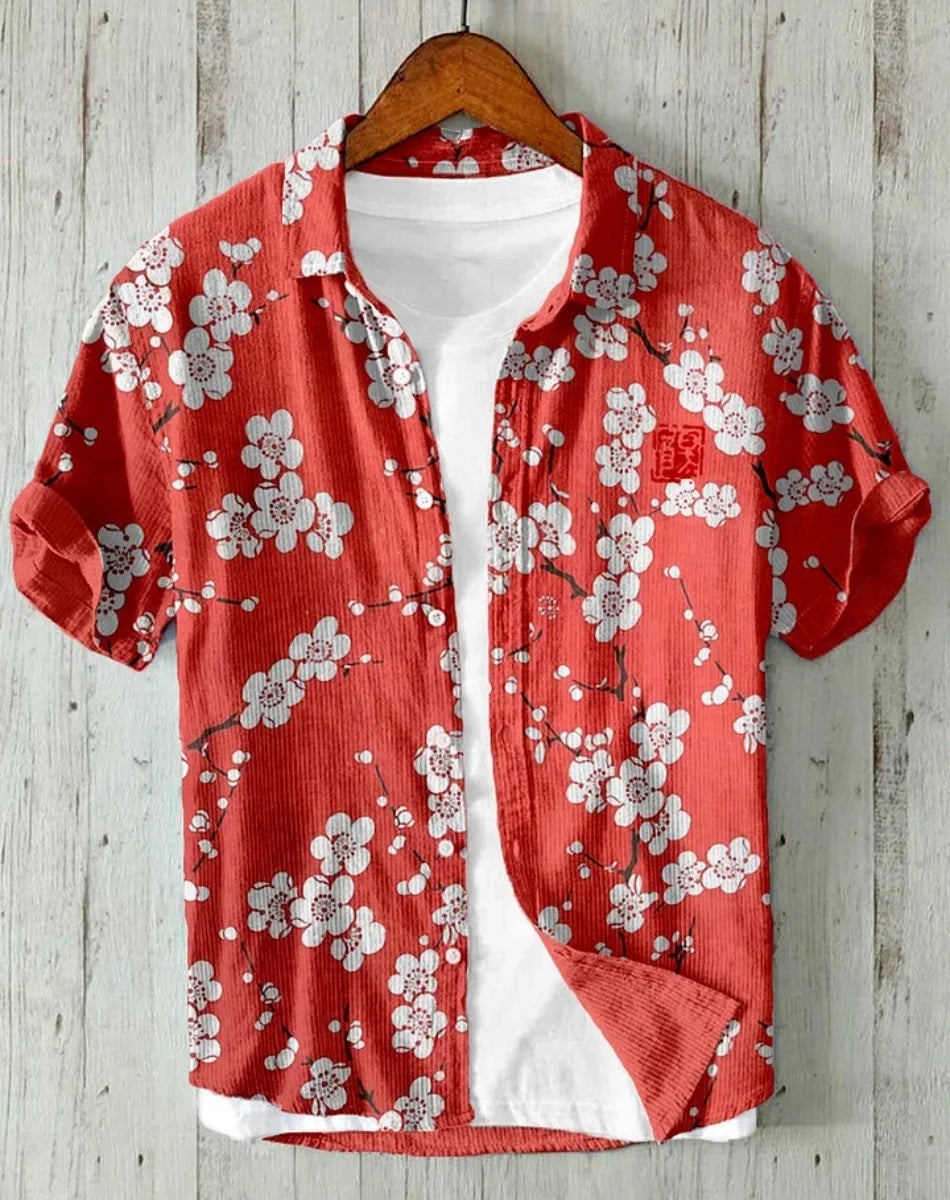 Linho masculino casual versátil moda rua masculina 3d impresso camisa lapela single-breasted manga curta moda masculina manga curta