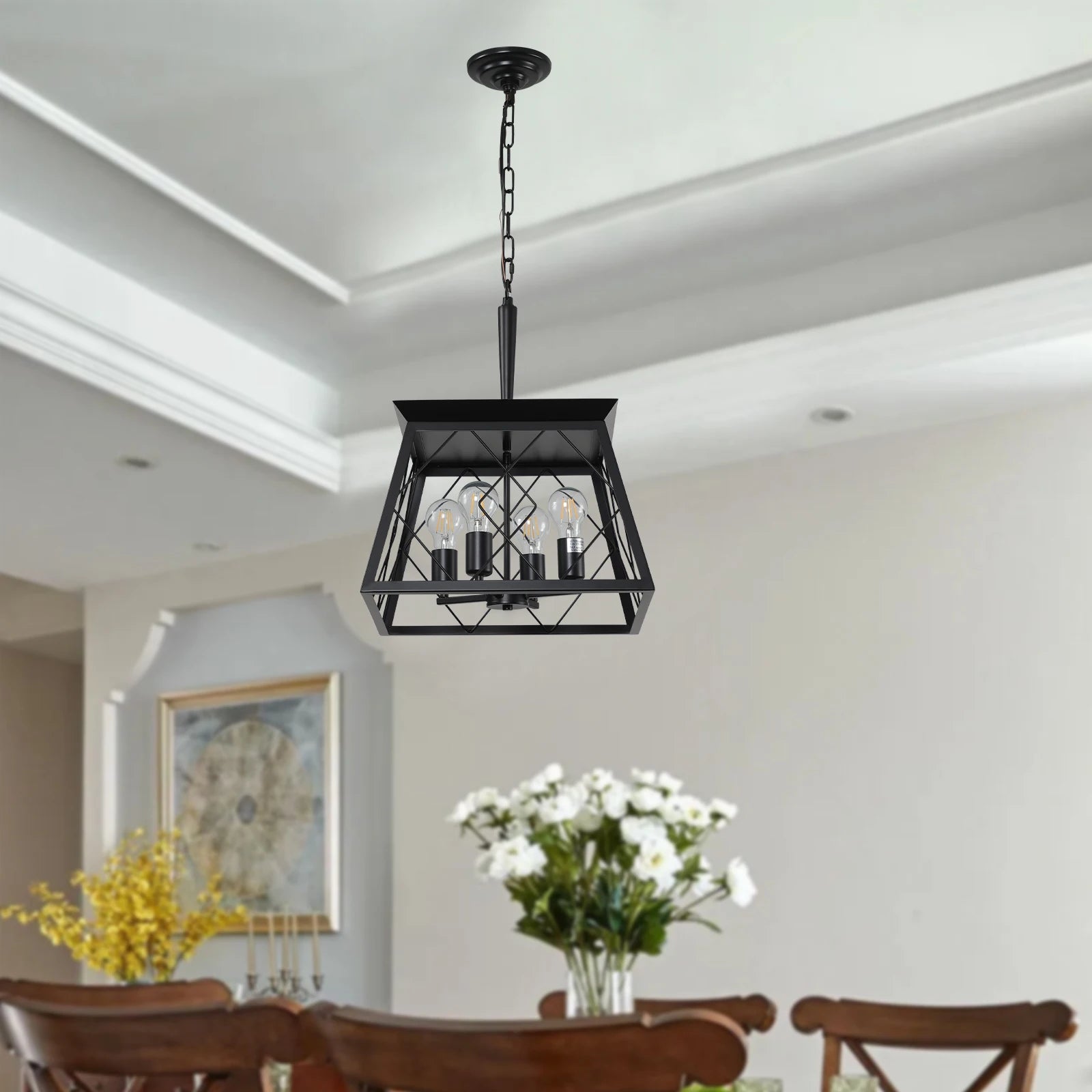 Black 4 Lights Farmhouse Vintage Chandelier,Rustic Pendant Light,Industrial Hanging Light Fixture for Dining Room Kitchen Island