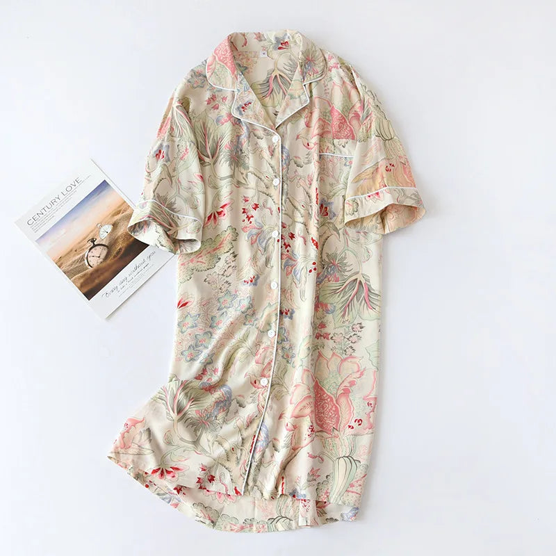 Verão outono casual noite feminina manga curta flor camisola solta sleepwear 100% viscose sleepwear para mulher