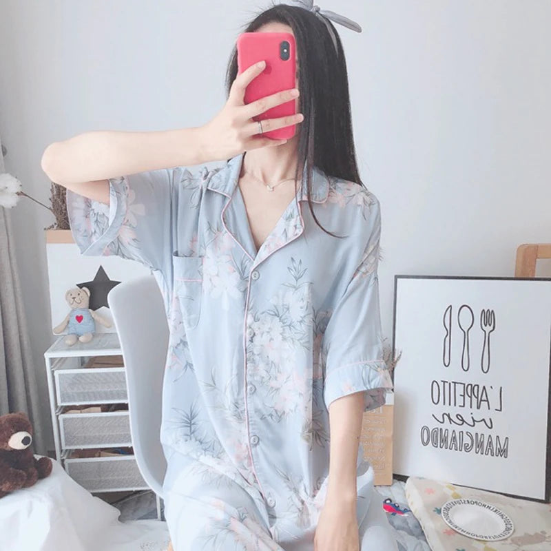 Verão outono casual noite feminina manga curta flor camisola solta sleepwear 100% viscose sleepwear para mulher