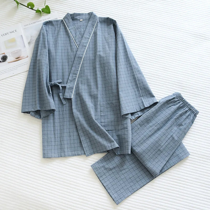 Pijama quimono xadrez e xadrez para casal, pijama de algodão lavado com decote em v, roupas de dormir de três quartos, fino para homens e mulheres, 2 peças