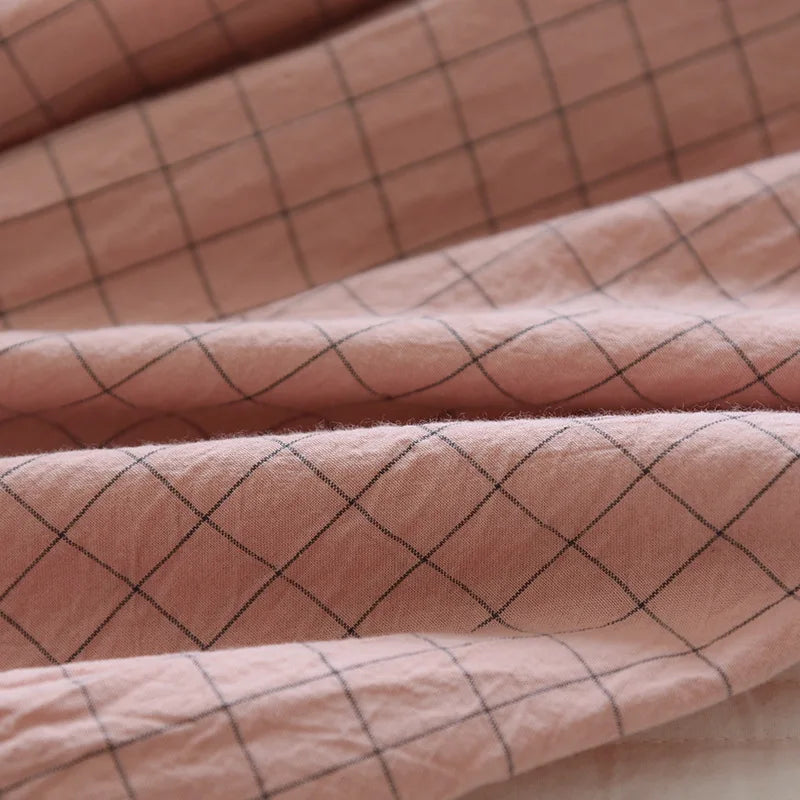 Pijama quimono xadrez e xadrez para casal, pijama de algodão lavado com decote em v, roupas de dormir de três quartos, fino para homens e mulheres, 2 peças