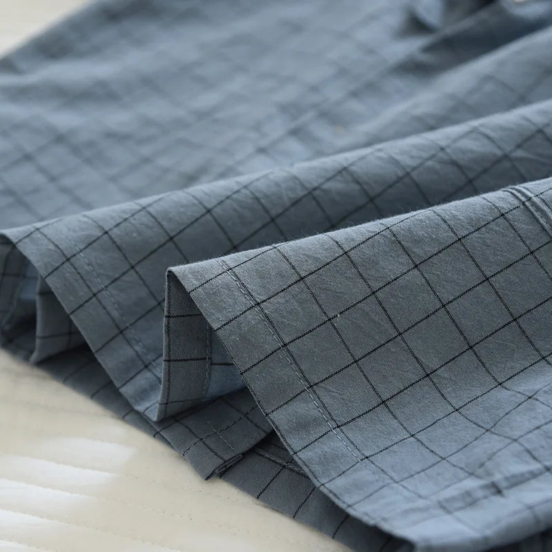 Pijama quimono xadrez e xadrez para casal, pijama de algodão lavado com decote em v, roupas de dormir de três quartos, fino para homens e mulheres, 2 peças