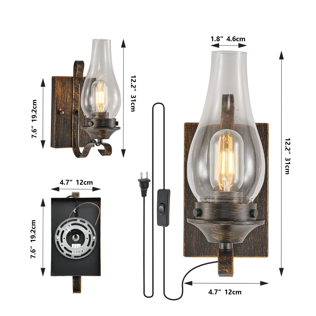 (Only Supports Plug-in) Rustic Farmhouse Wall Sconces Set of 2, Vintage Industrial Plug-in Wall Lights with Clear Glass Shade