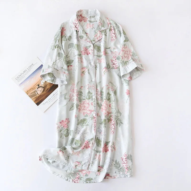 Verão outono casual noite feminina manga curta flor camisola solta sleepwear 100% viscose sleepwear para mulher