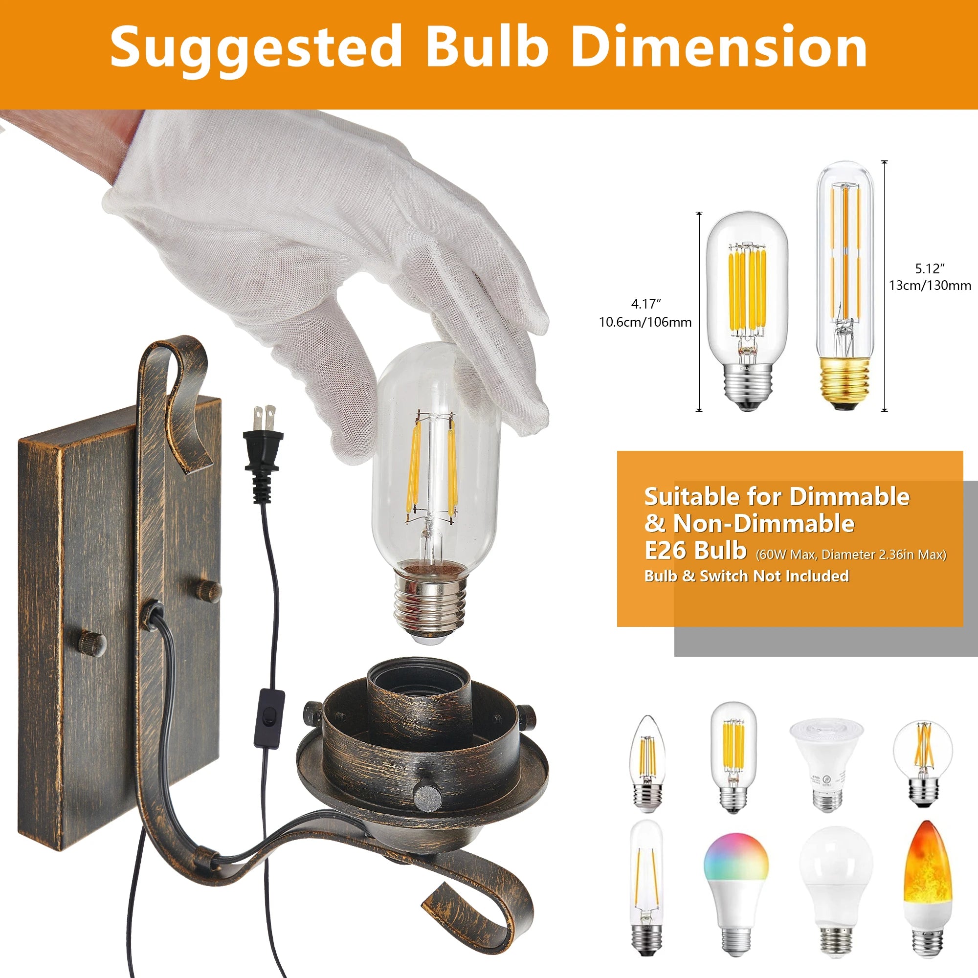 (Only Supports Plug-in) Rustic Farmhouse Wall Sconces Set of 2, Vintage Industrial Plug-in Wall Lights with Clear Glass Shade