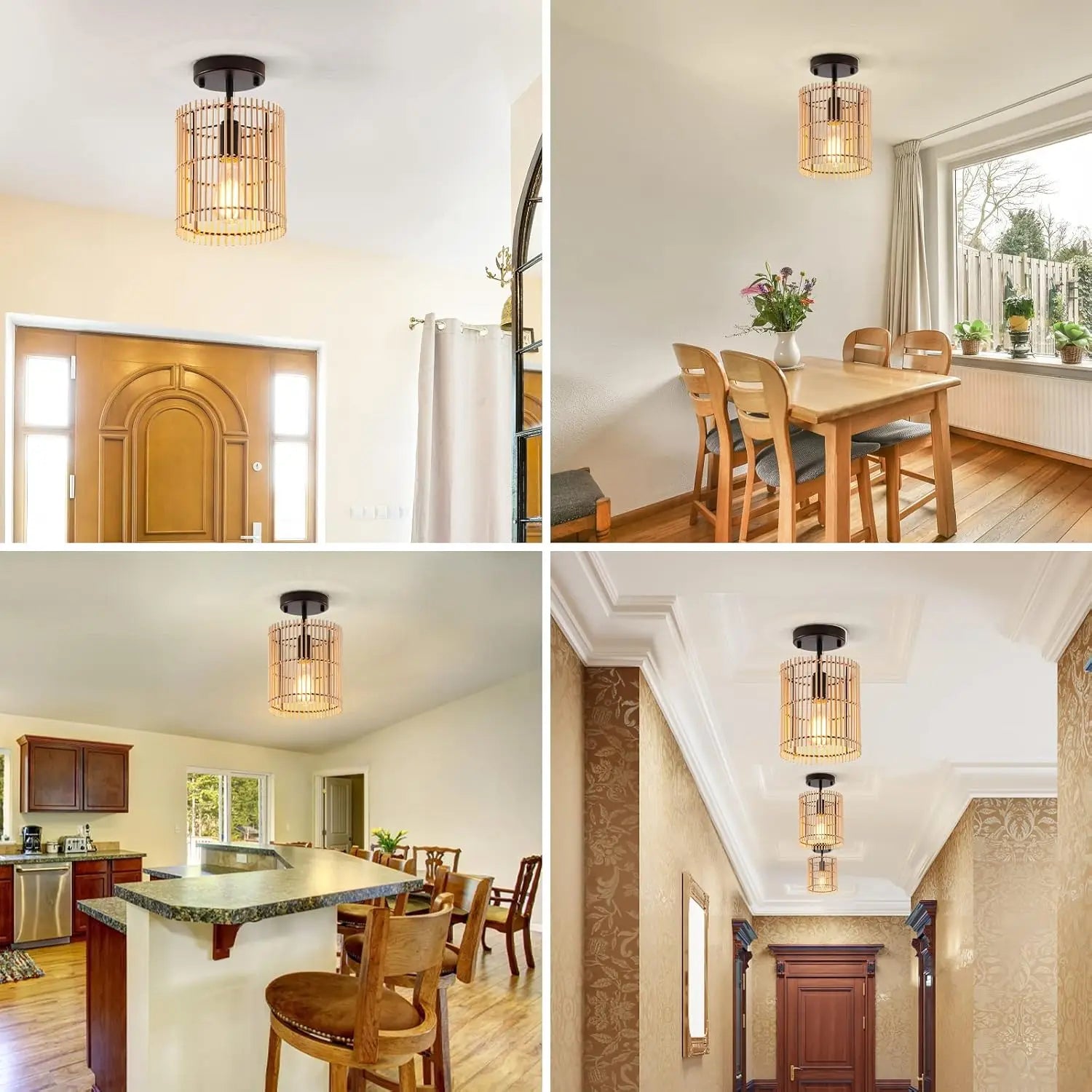 SGLfarmty Boho Semi Flush Mount Ceiling Light Metal Bamboo Shade IP44 Warm White LED 7.87x7.08x10.62 Inches