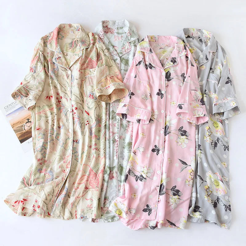 Verão outono casual noite feminina manga curta flor camisola solta sleepwear 100% viscose sleepwear para mulher