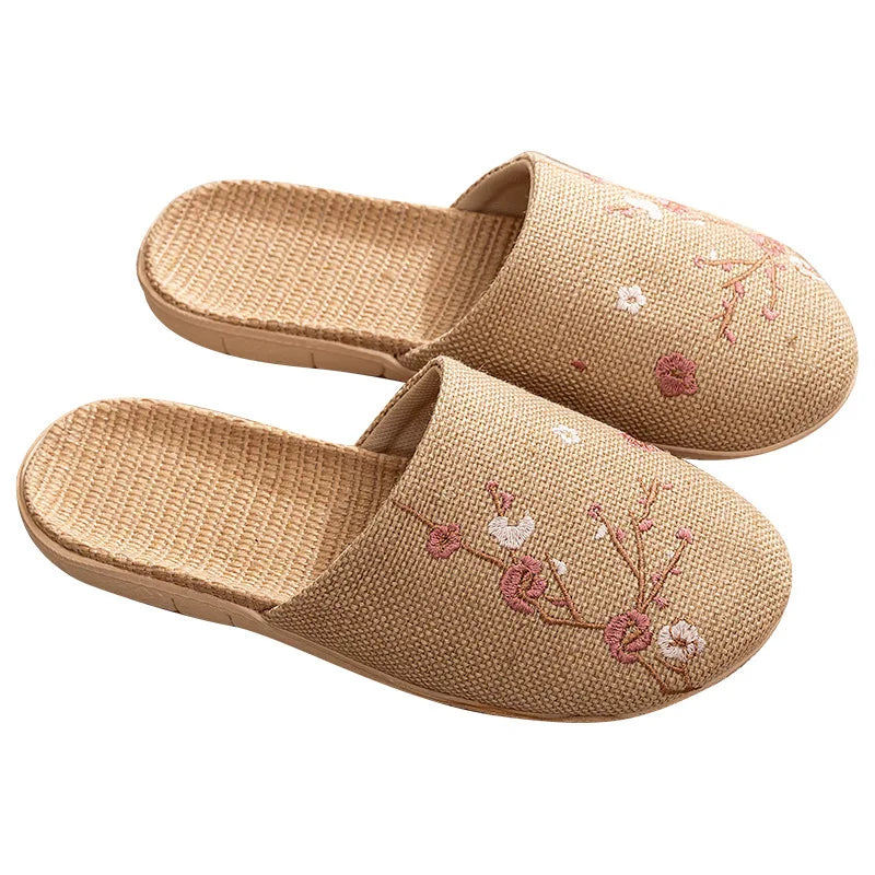 Chinelos de linho feminino verão masculino casal casa bordado antiderrapante fundo macio interior uso doméstico chinelos de chão de algodão e linho