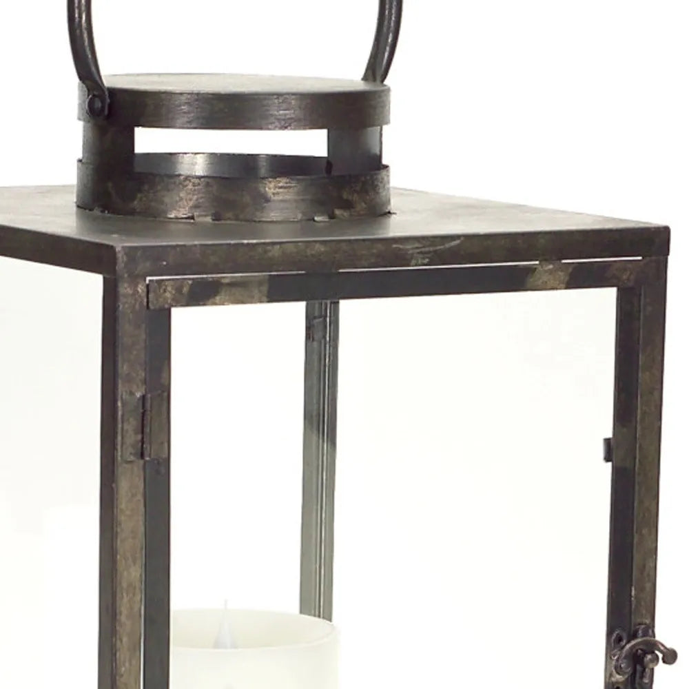 Set of Three Distressed Geometric HMS Floor Lanterns Gray and Brown Glass Metal Wood with Candle Holders