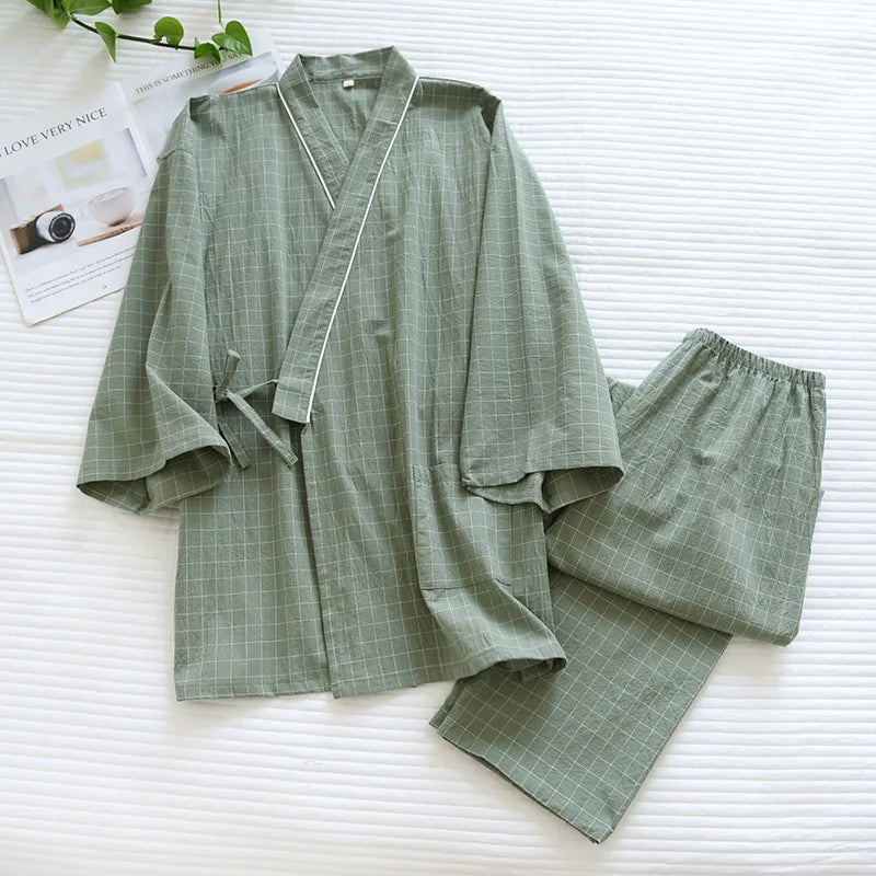 Pijama quimono xadrez e xadrez para casal, pijama de algodão lavado com decote em v, roupas de dormir de três quartos, fino para homens e mulheres, 2 peças