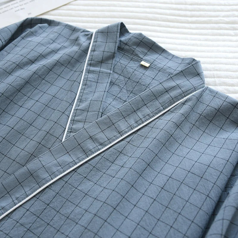 Pijama quimono xadrez e xadrez para casal, pijama de algodão lavado com decote em v, roupas de dormir de três quartos, fino para homens e mulheres, 2 peças