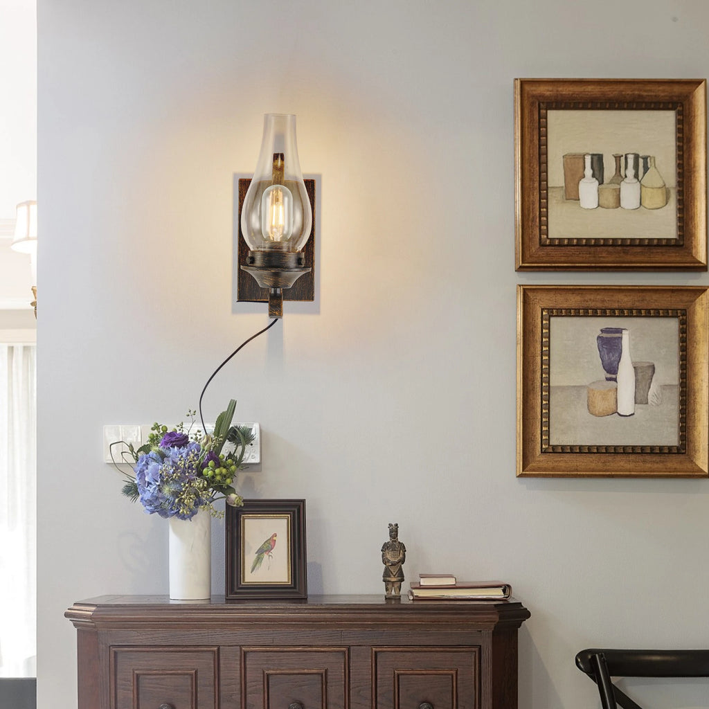 (Only Supports Plug-in) Rustic Farmhouse Wall Sconces Set of 2, Vintage Industrial Plug-in Wall Lights with Clear Glass Shade