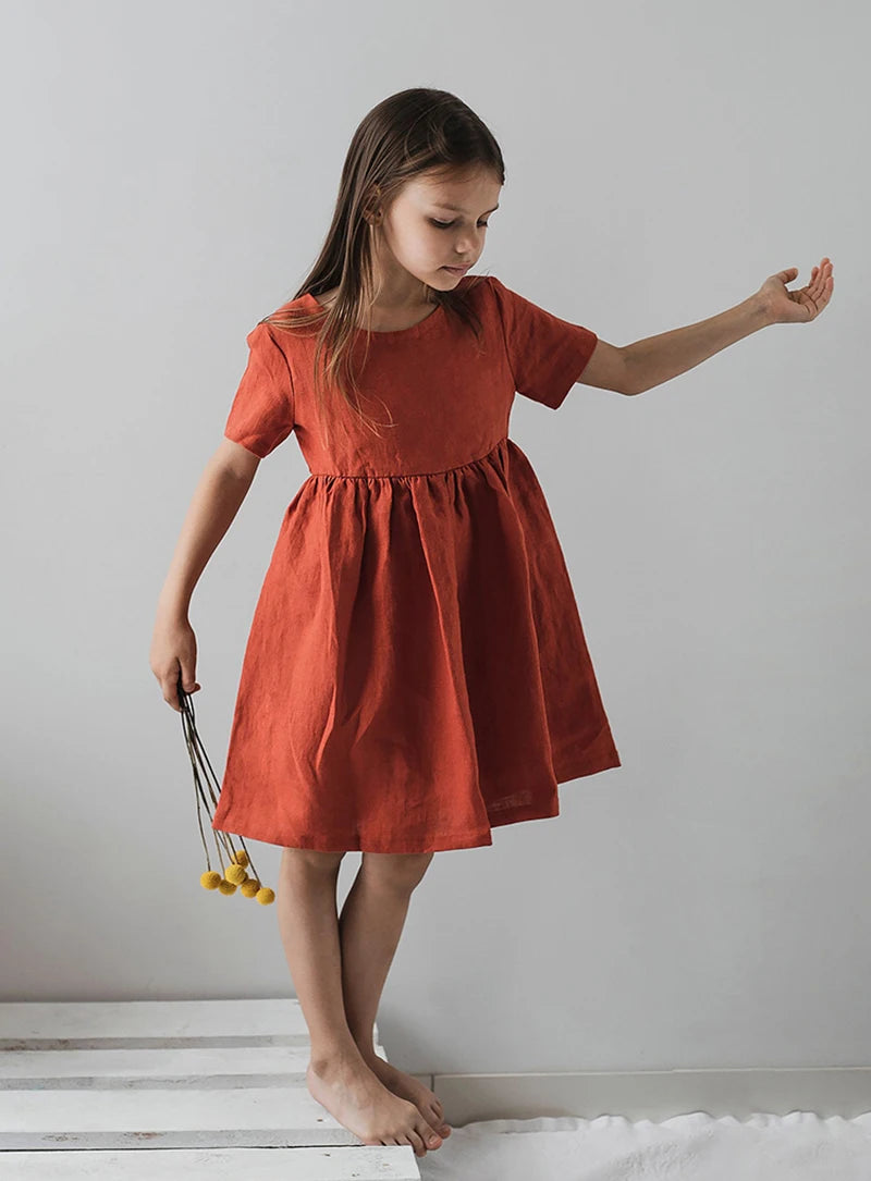 Vestido Mori de Linho para Meninas 2026 Verão Nova Roupa Infantil Vestidos de Princesa de Manga Curta em Algodão e Linho TZ30