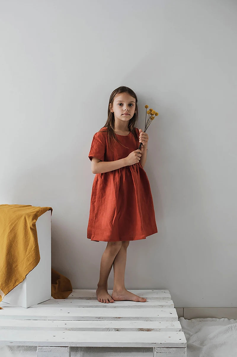 Vestido Mori de Linho para Meninas 2026 Verão Nova Roupa Infantil Vestidos de Princesa de Manga Curta em Algodão e Linho TZ30