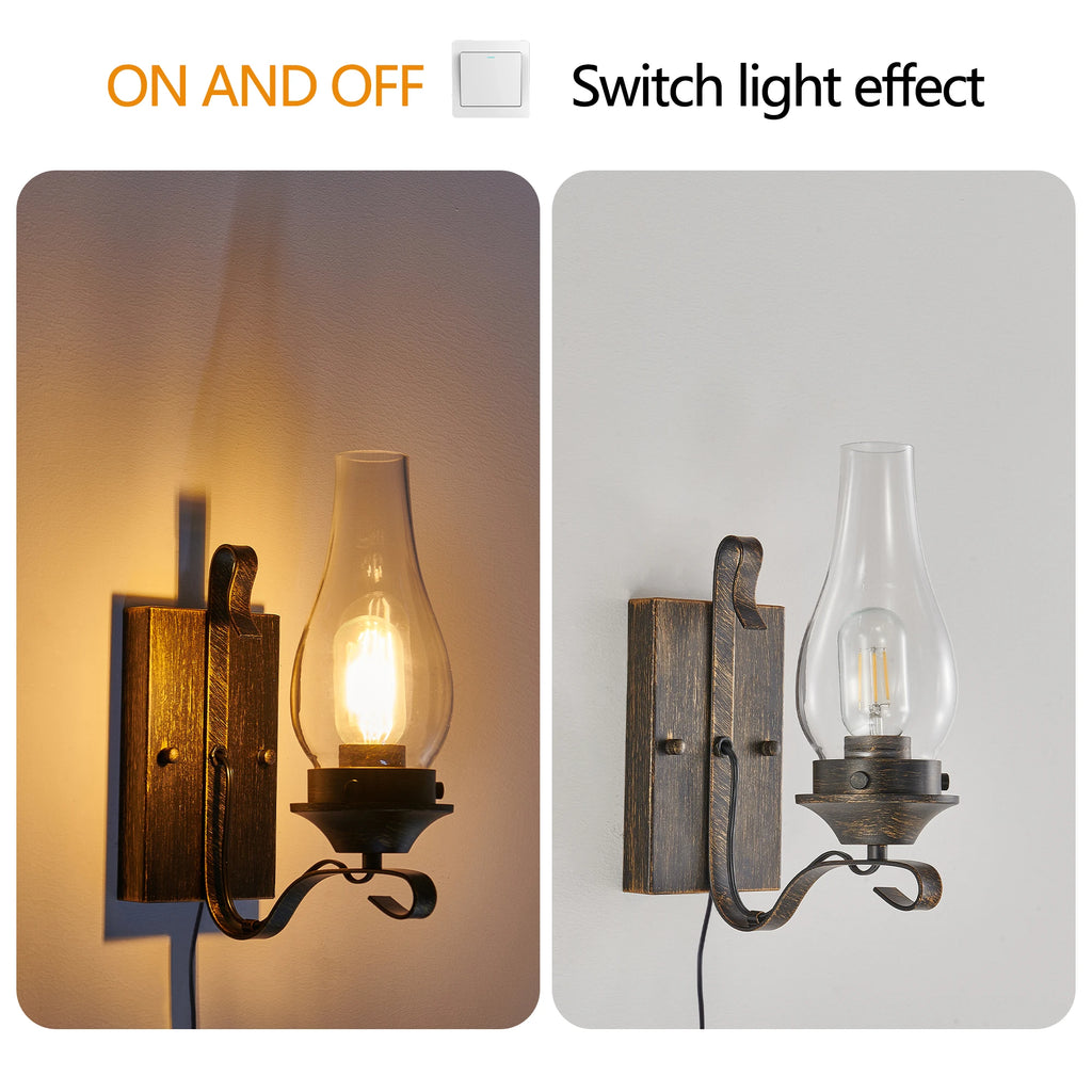 (Only Supports Plug-in) Rustic Farmhouse Wall Sconces Set of 2, Vintage Industrial Plug-in Wall Lights with Clear Glass Shade