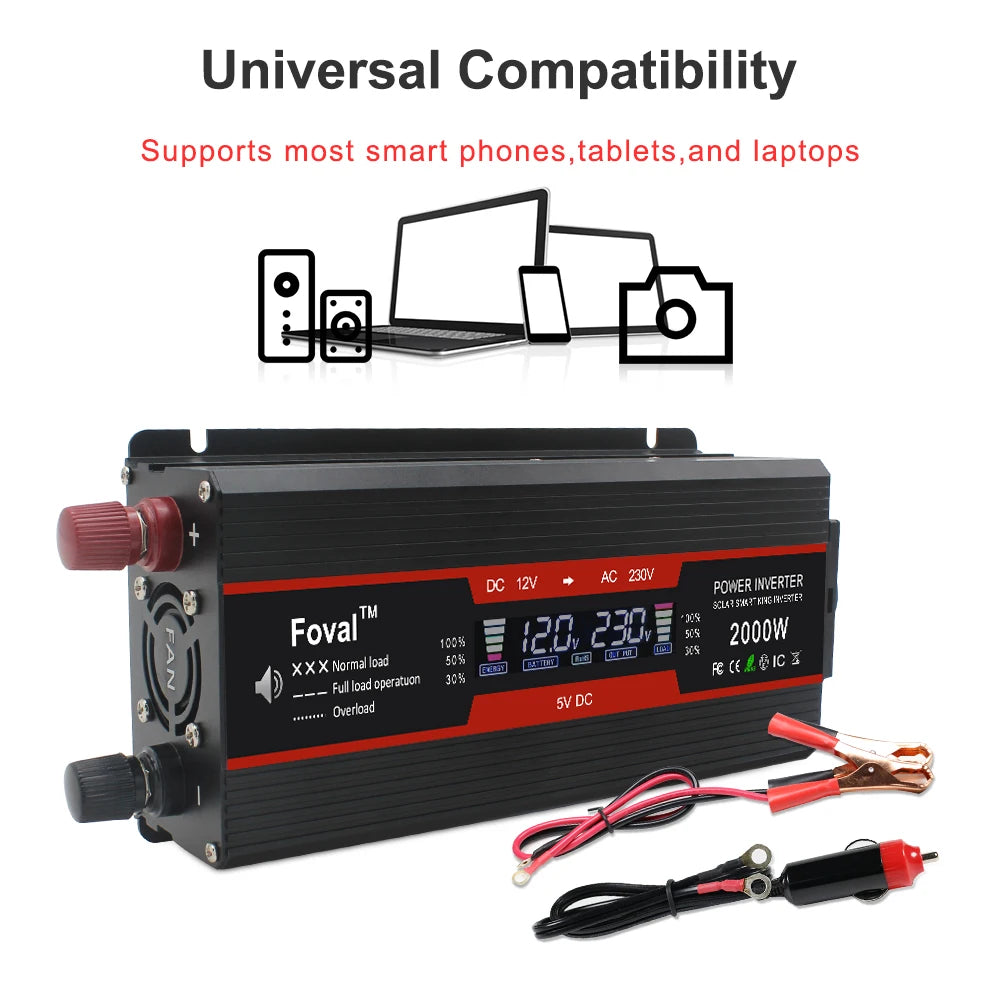 Inversor de energia solor com display lcd, dc 12v/24v para ac 220v 230v 1500w/2000w/2600w, conversor de tensão preto, soquete ue, acessórios automotivos