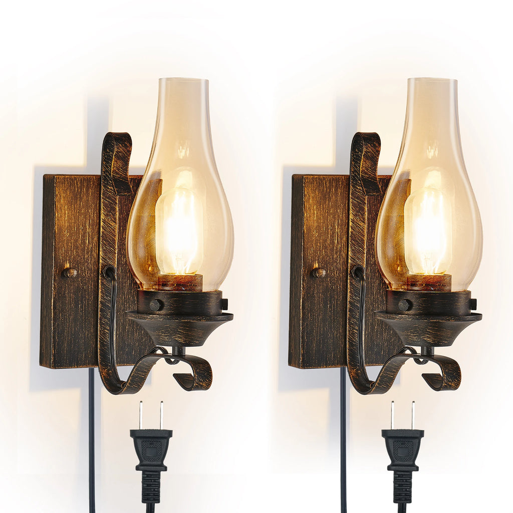 (Only Supports Plug-in) Rustic Farmhouse Wall Sconces Set of 2, Vintage Industrial Plug-in Wall Lights with Clear Glass Shade