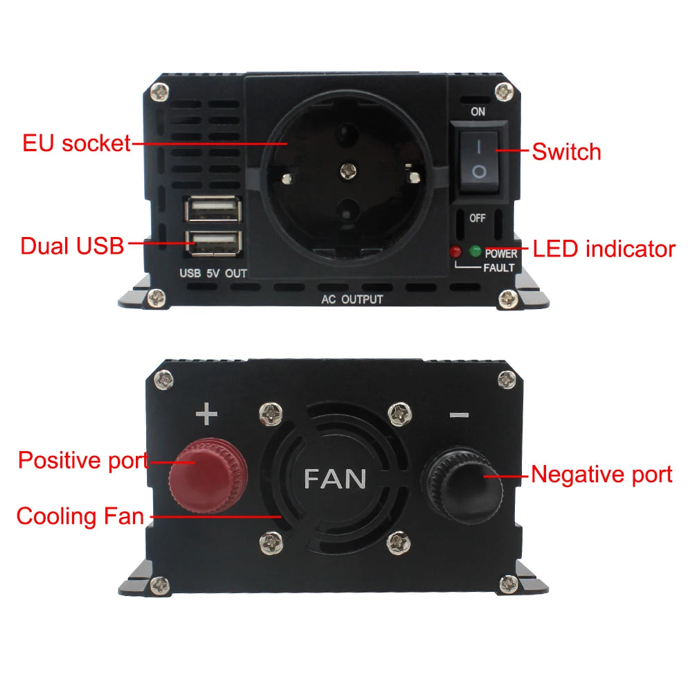 Inversor de energia solor com display lcd, dc 12v/24v para ac 220v 230v 1500w/2000w/2600w, conversor de tensão preto, soquete ue, acessórios automotivos