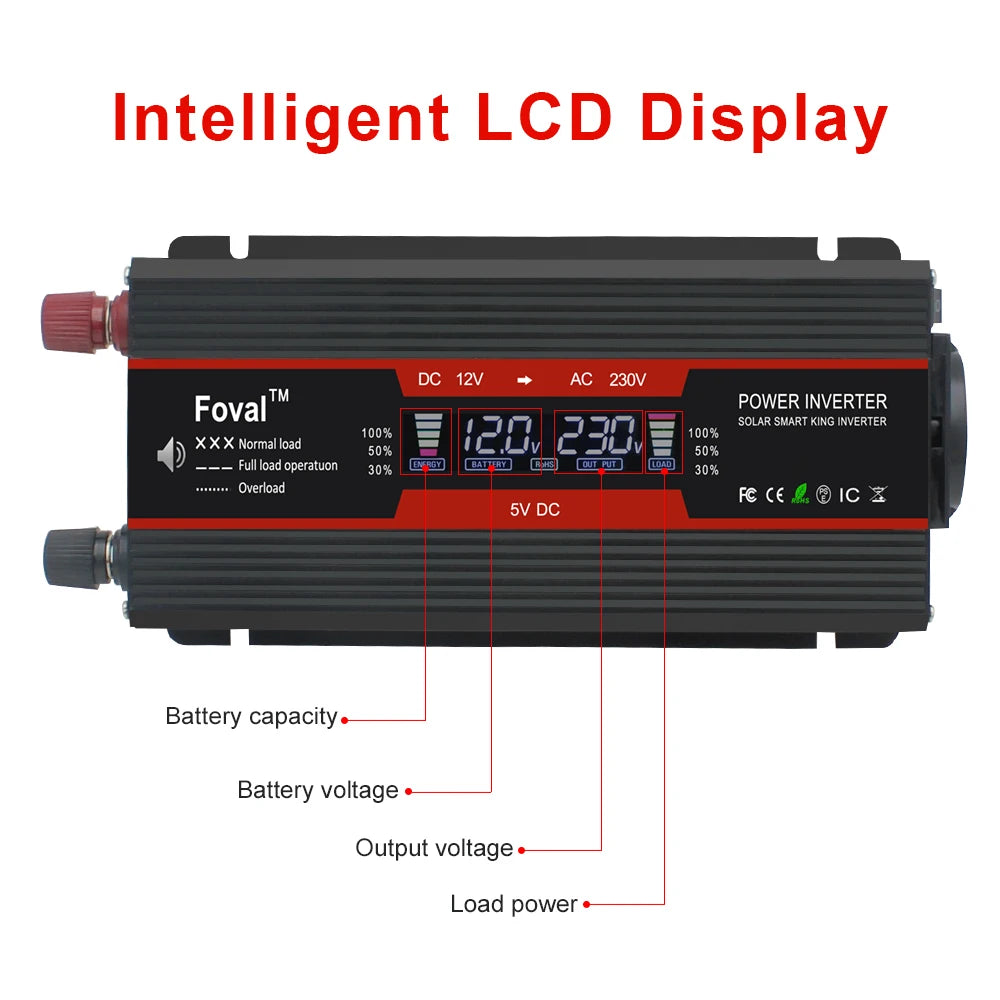 Inversor de energia solor com display lcd, dc 12v/24v para ac 220v 230v 1500w/2000w/2600w, conversor de tensão preto, soquete ue, acessórios automotivos