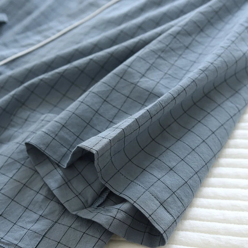 Pijama quimono xadrez e xadrez para casal, pijama de algodão lavado com decote em v, roupas de dormir de três quartos, fino para homens e mulheres, 2 peças