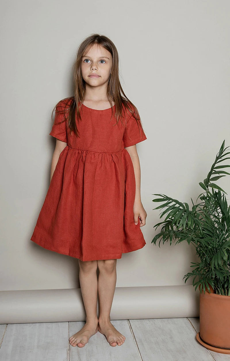 Vestido Mori de Linho para Meninas 2026 Verão Nova Roupa Infantil Vestidos de Princesa de Manga Curta em Algodão e Linho TZ30