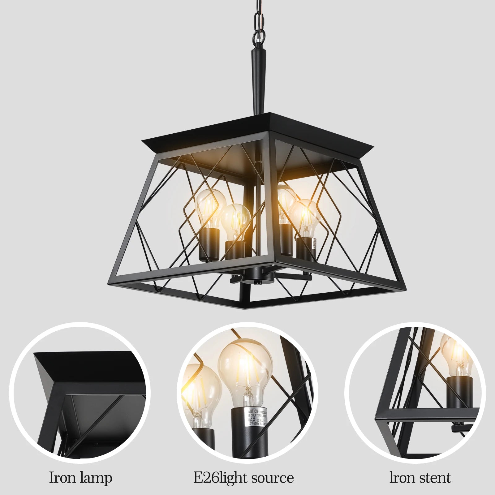 Black 4 Lights Farmhouse Vintage Chandelier,Rustic Pendant Light,Industrial Hanging Light Fixture for Dining Room Kitchen Island