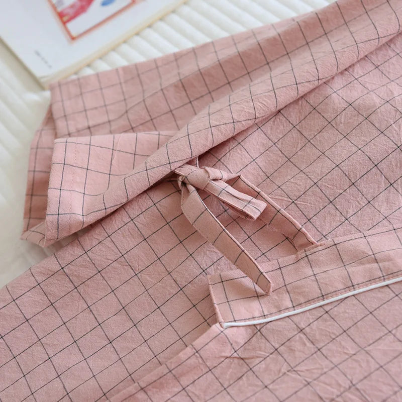 Pijama quimono xadrez e xadrez para casal, pijama de algodão lavado com decote em v, roupas de dormir de três quartos, fino para homens e mulheres, 2 peças