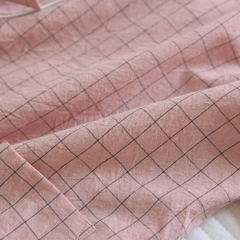 Pijama quimono xadrez e xadrez para casal, pijama de algodão lavado com decote em v, roupas de dormir de três quartos, fino para homens e mulheres, 2 peças