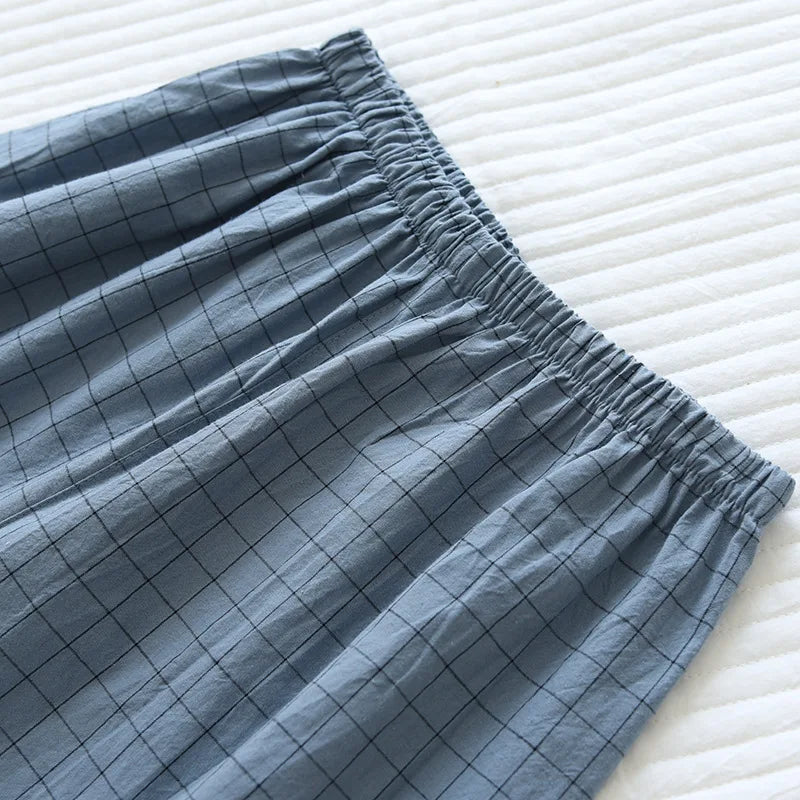 Pijama quimono xadrez e xadrez para casal, pijama de algodão lavado com decote em v, roupas de dormir de três quartos, fino para homens e mulheres, 2 peças