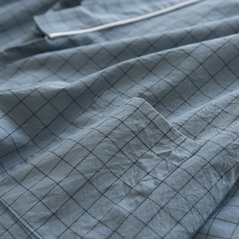 Pijama quimono xadrez e xadrez para casal, pijama de algodão lavado com decote em v, roupas de dormir de três quartos, fino para homens e mulheres, 2 peças