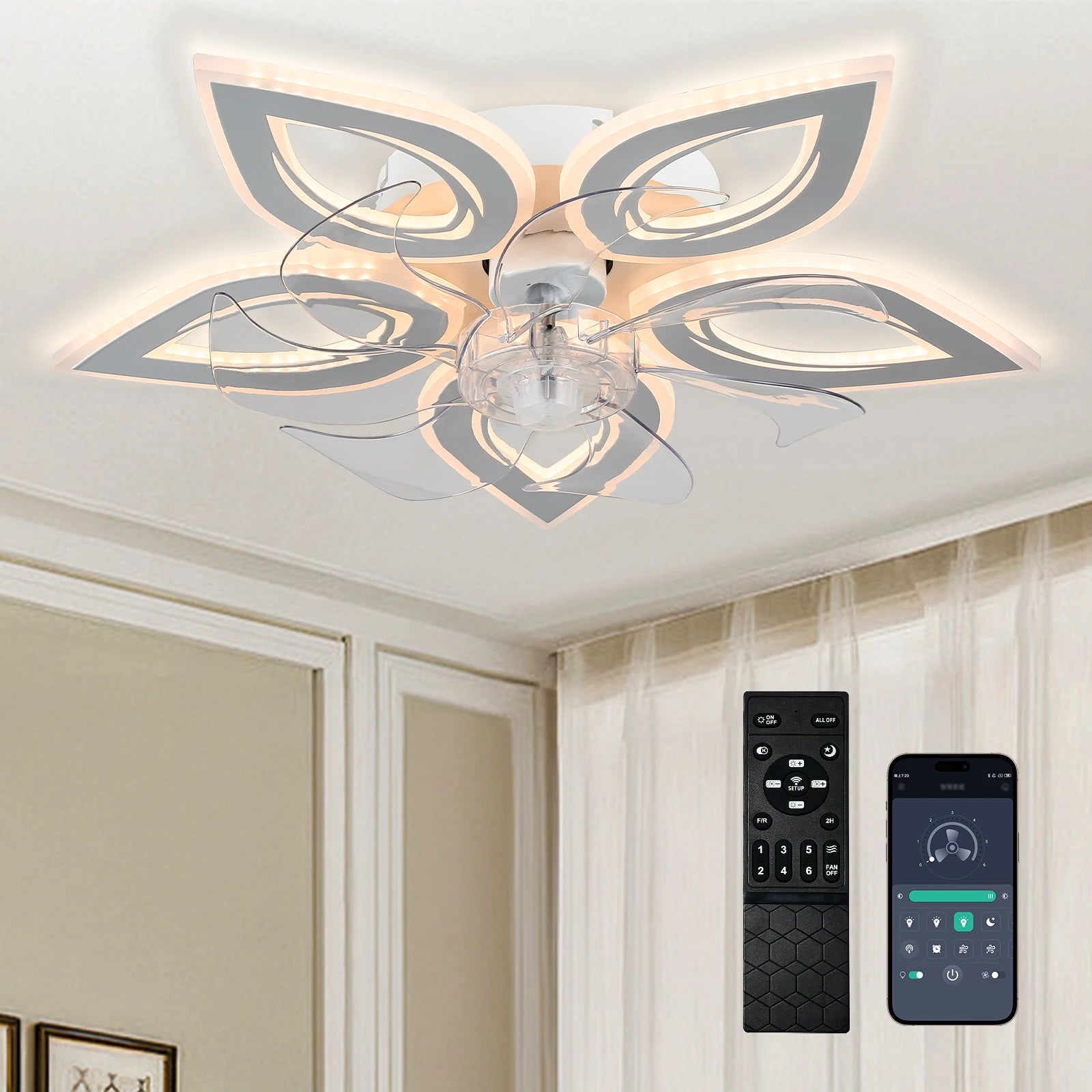 12'' Modern Crystal Ceiling Fan with LED Light 6-Speed Remote Control Dimmable High CRI 90 for Home Office