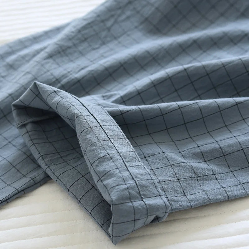 Pijama quimono xadrez e xadrez para casal, pijama de algodão lavado com decote em v, roupas de dormir de três quartos, fino para homens e mulheres, 2 peças