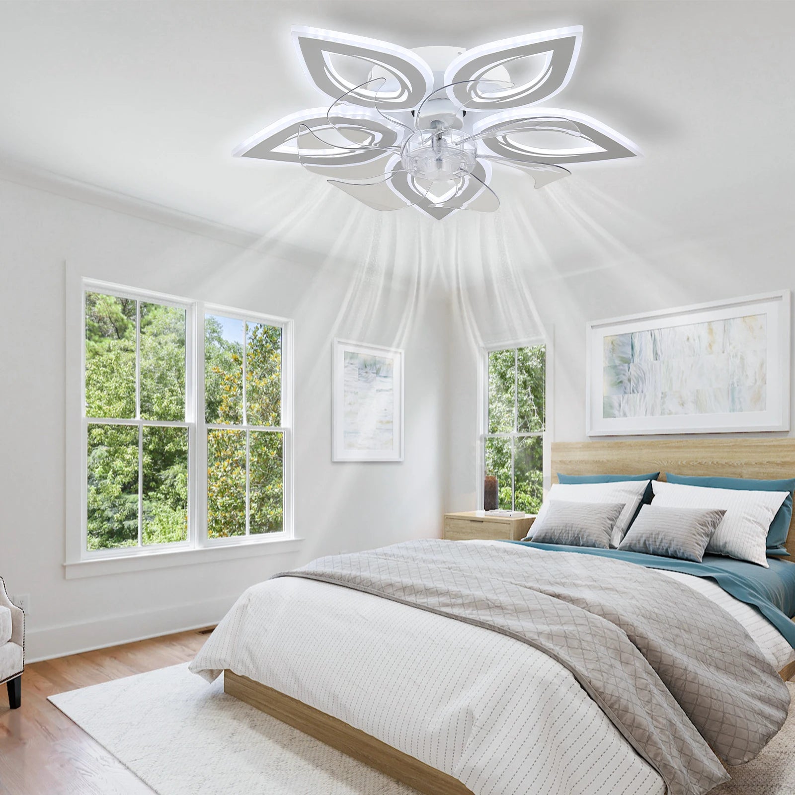 12'' Modern Crystal Ceiling Fan with LED Light 6-Speed Remote Control Dimmable High CRI 90 for Home Office
