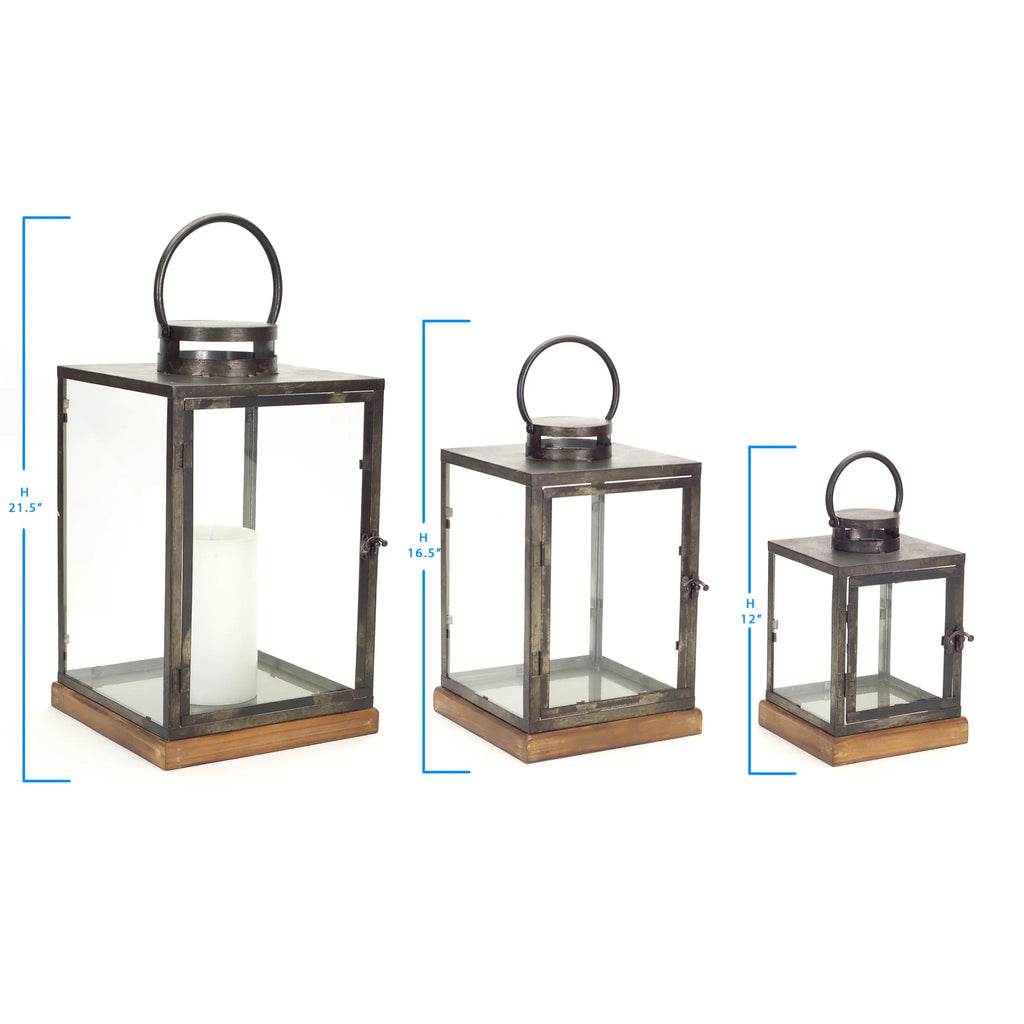 Set of Three Distressed Geometric HMS Floor Lanterns Gray and Brown Glass Metal Wood with Candle Holders