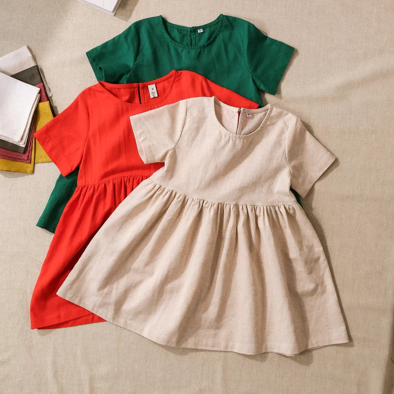 Vestido Mori de Linho para Meninas 2026 Verão Nova Roupa Infantil Vestidos de Princesa de Manga Curta em Algodão e Linho TZ30