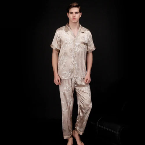 Conjunto de pijama de seda cetim estampado masculino, mangas curtas, calças compridas, pijamas masculinos, loungewear verão, outono, SSH021