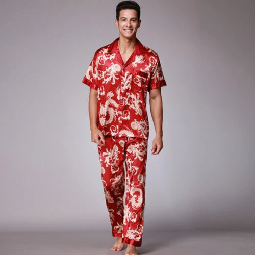 Conjunto de pijama de seda cetim estampado masculino, mangas curtas, calças compridas, pijamas masculinos, loungewear verão, outono, SSH021
