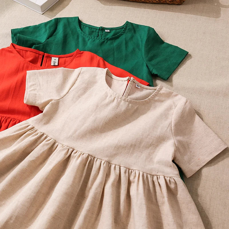 Vestido Mori de Linho para Meninas 2026 Verão Nova Roupa Infantil Vestidos de Princesa de Manga Curta em Algodão e Linho TZ30