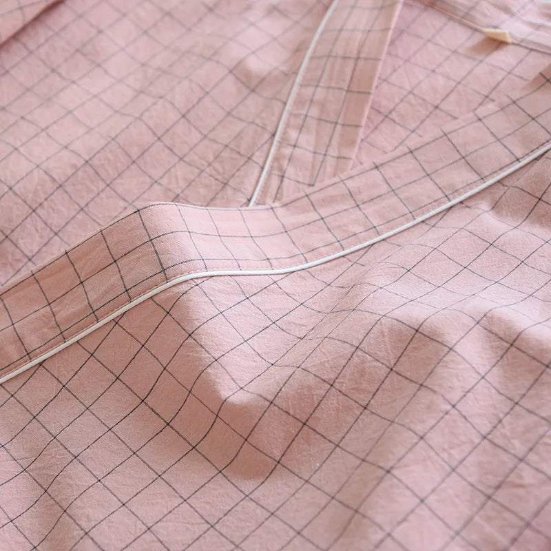 Pijama quimono xadrez e xadrez para casal, pijama de algodão lavado com decote em v, roupas de dormir de três quartos, fino para homens e mulheres, 2 peças