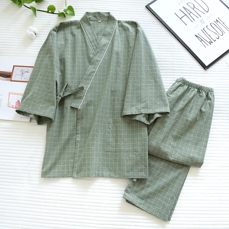 Pijama quimono xadrez e xadrez para casal, pijama de algodão lavado com decote em v, roupas de dormir de três quartos, fino para homens e mulheres, 2 peças